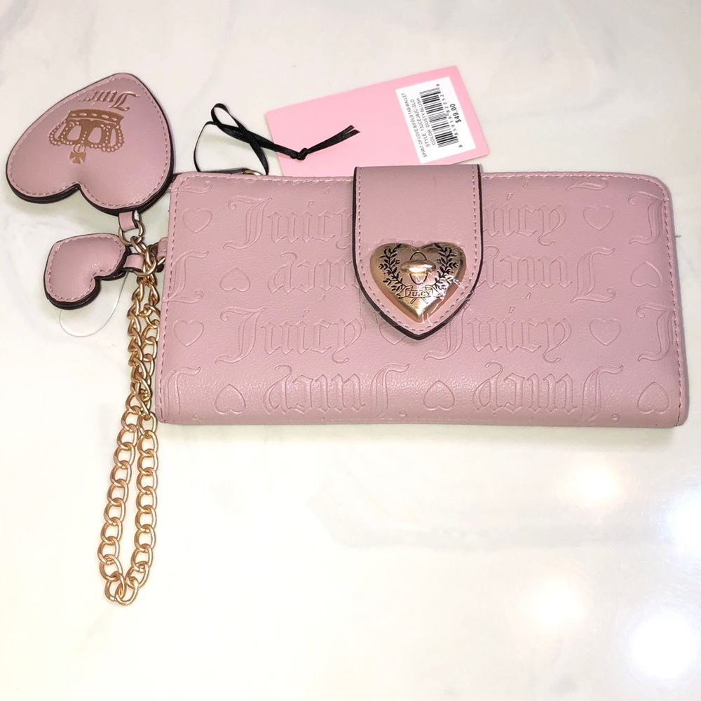 Juicy Couture Dusty Blush Spirit Of Love Bifold Tab Wallet + Charm & Strap NWT